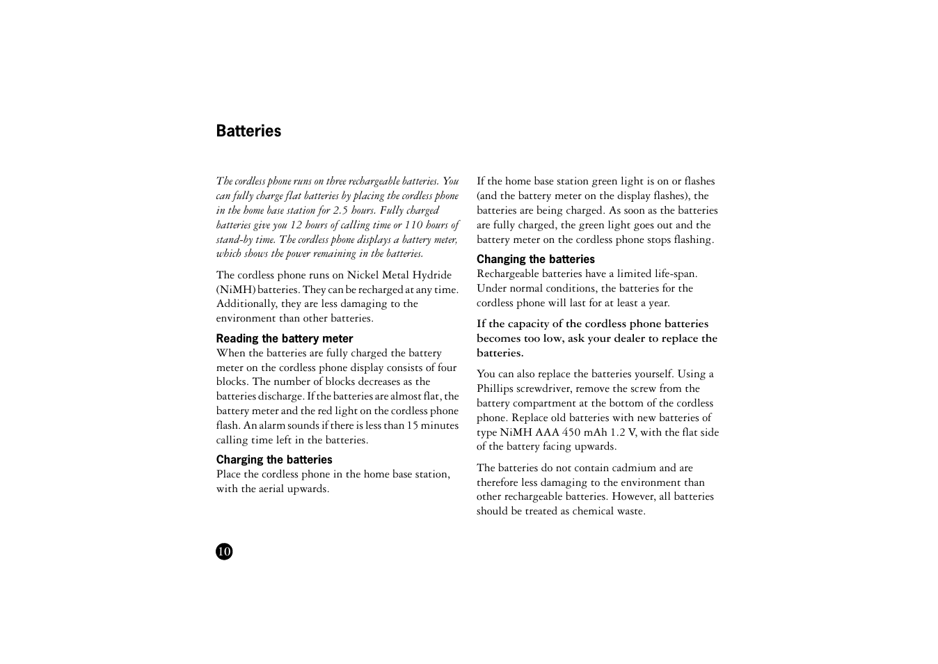 Batteries, Reading the battery meter, Charging the batteries | Changing the batteries | Ericsson BS120 User Manual | Page 10 / 66