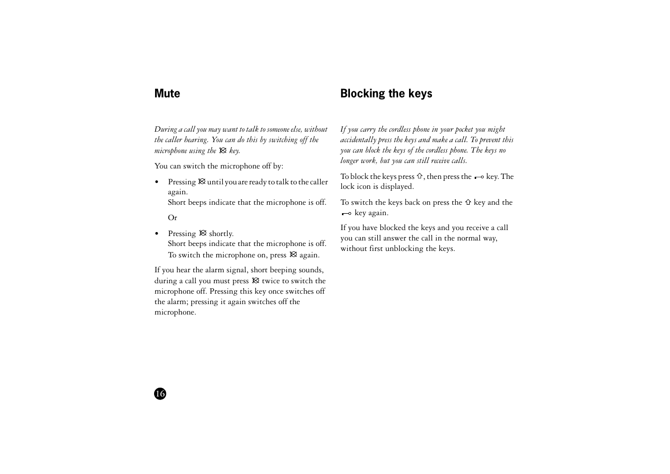 Mute, Blocking the keys | Ericsson BS120 User Manual | Page 16 / 66