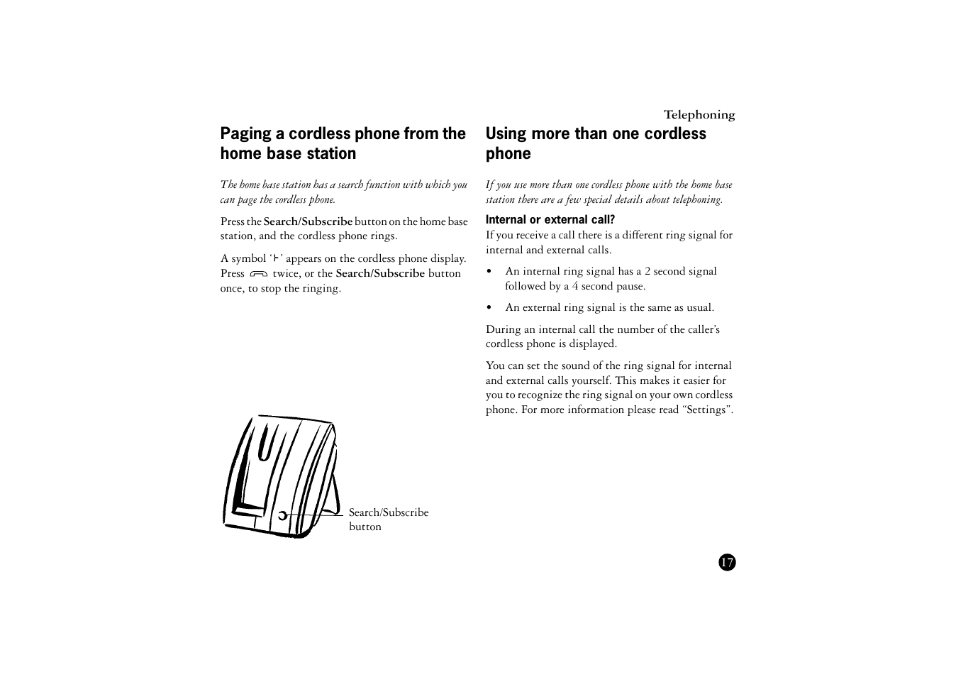 Paging a cordless phone from the home base station, Using more than one cordless phone, Internal or external call | Paging a cordless phone from the, Home base station | Ericsson BS120 User Manual | Page 17 / 66