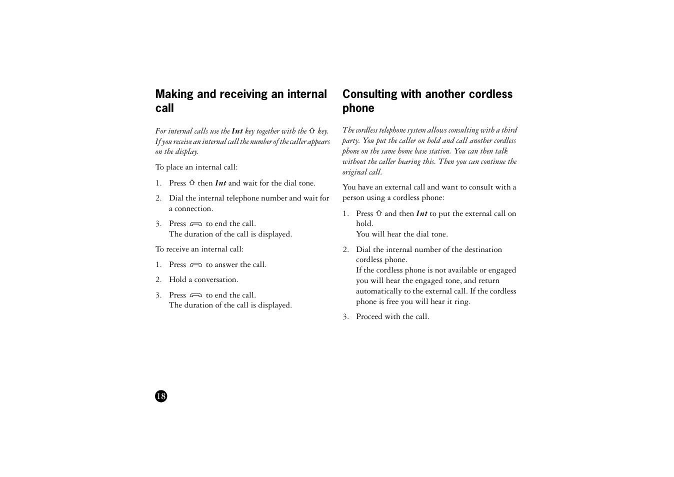 Making and receiving an internal call, Consulting with another cordless phone | Ericsson BS120 User Manual | Page 18 / 66