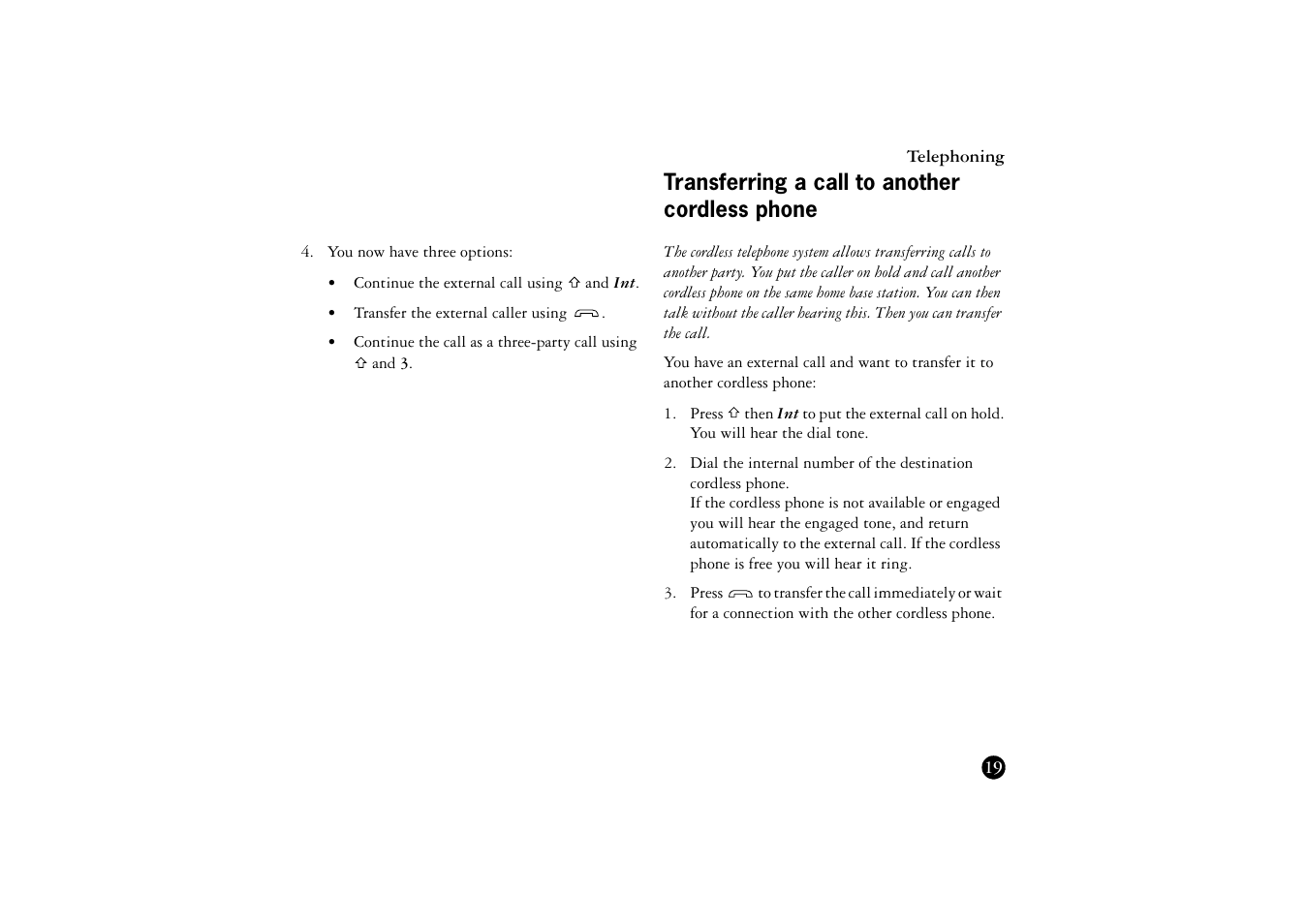 Transferring a call to another cordless phone | Ericsson BS120 User Manual | Page 19 / 66