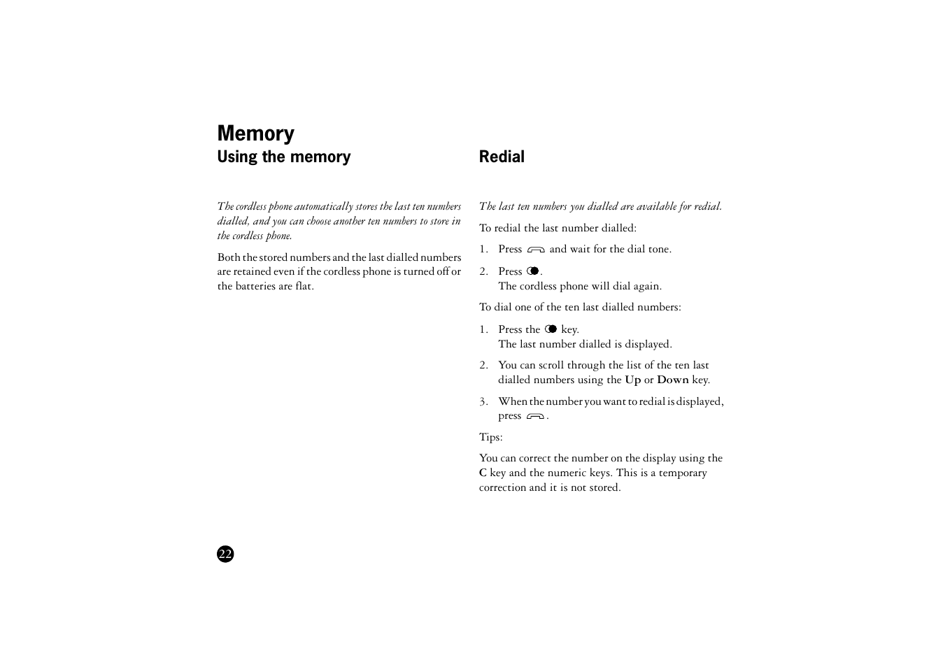 Memory, Using the memory, Redial | Ericsson BS120 User Manual | Page 22 / 66