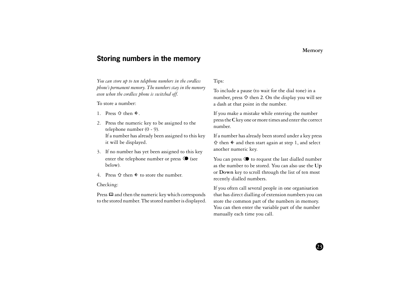 Storing numbers in the memory | Ericsson BS120 User Manual | Page 23 / 66