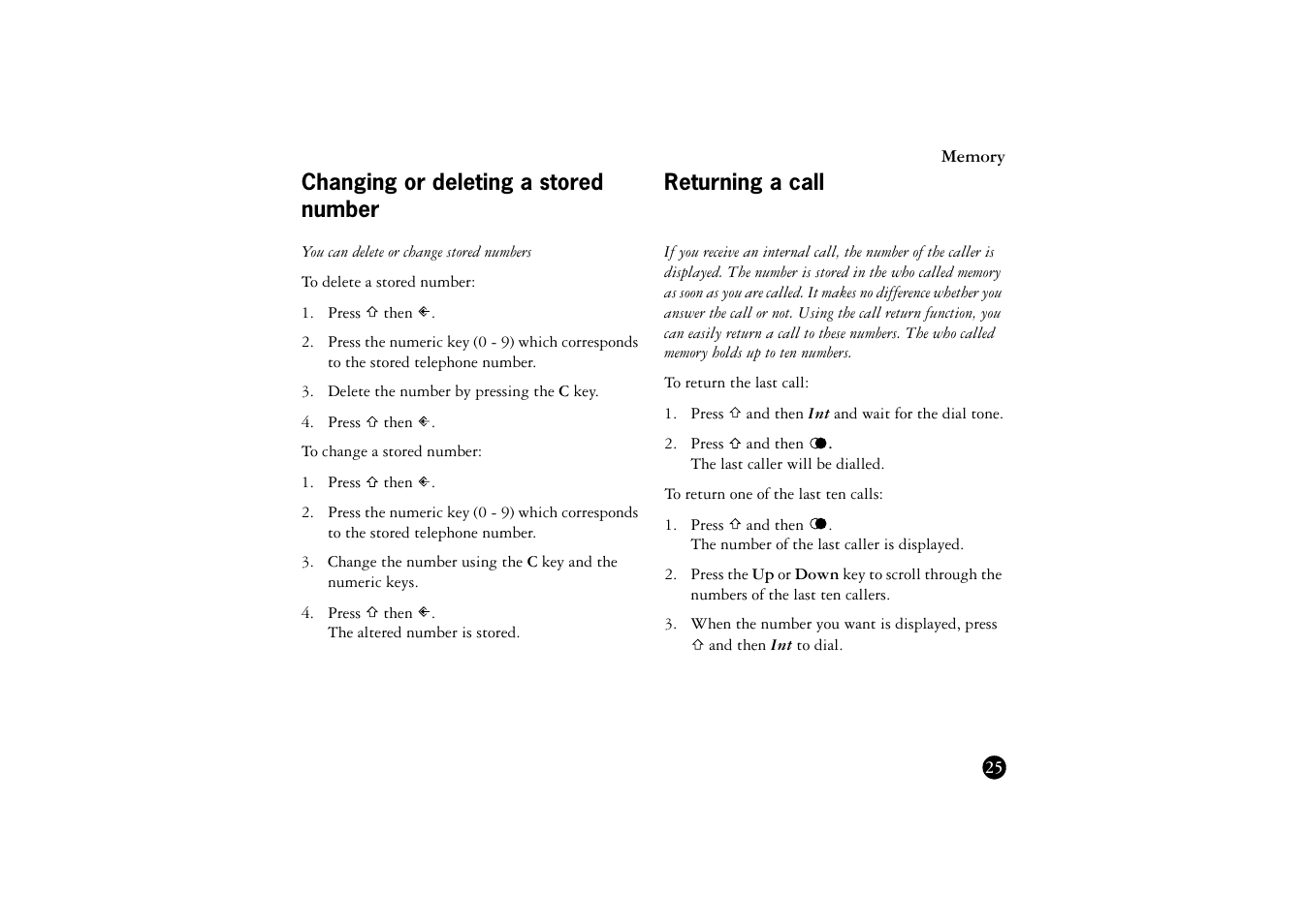 Changing or deleting a stored number, Returning a call, Ations | Ericsson BS120 User Manual | Page 25 / 66