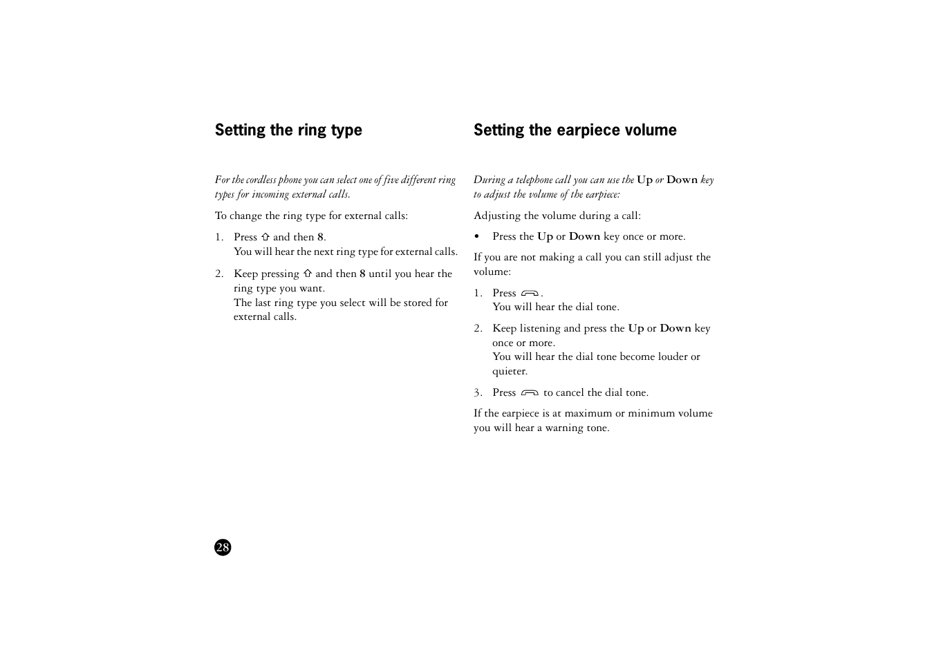 Setting the ring type, Setting the earpiece volume | Ericsson BS120 User Manual | Page 28 / 66