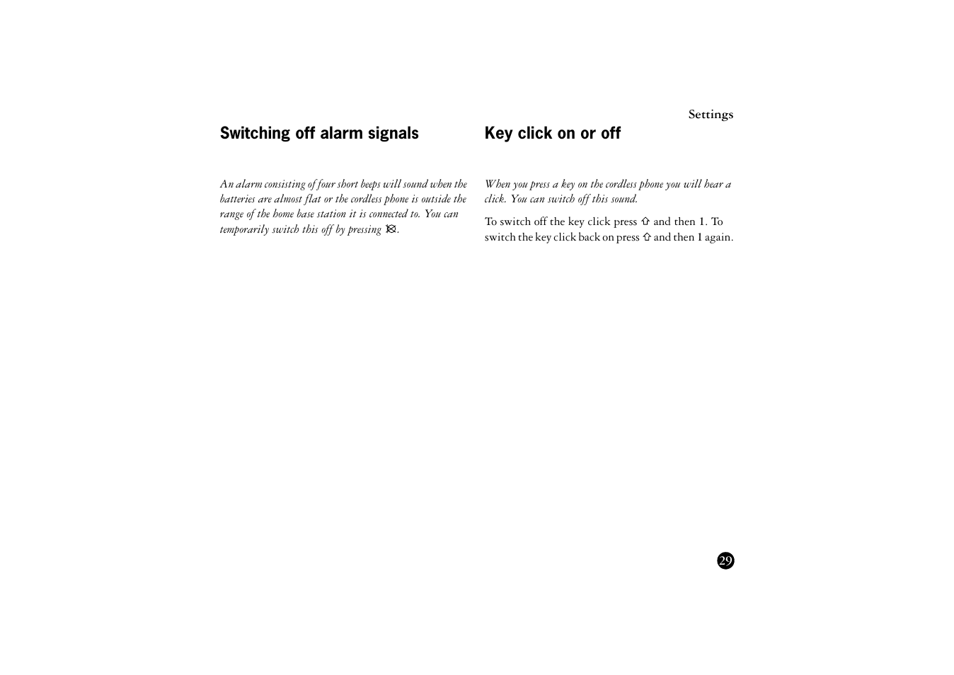 Switching off alarm signals, Key click on or off | Ericsson BS120 User Manual | Page 29 / 66