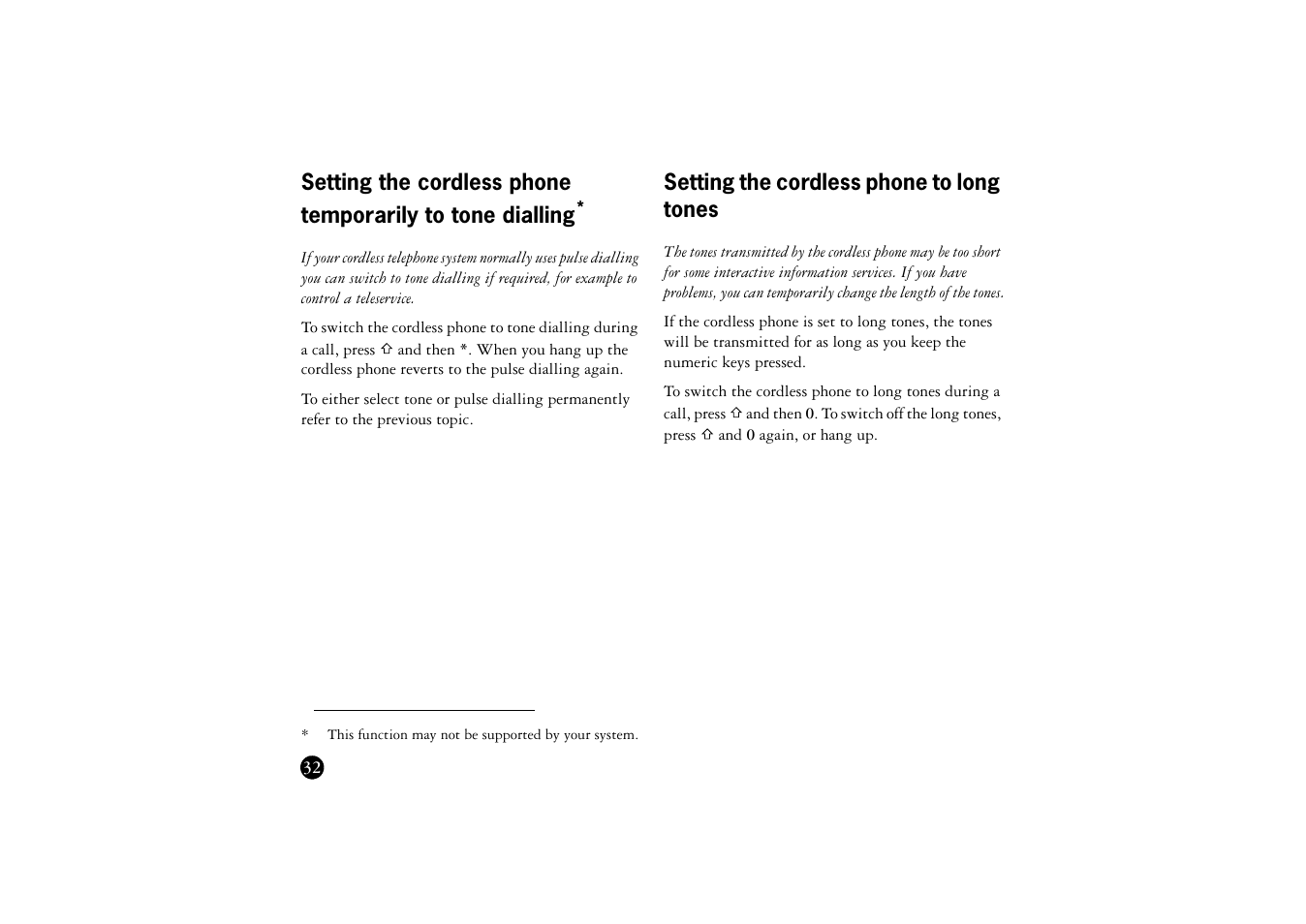 Setting the cordless phone to long tones, Setting the cordless phone temporarily to, Tone dialling | Ericsson BS120 User Manual | Page 32 / 66