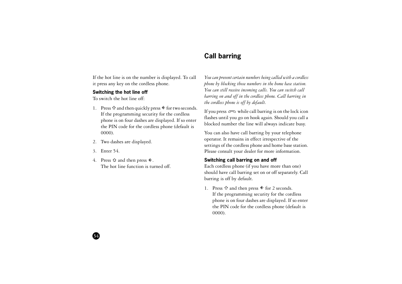 Switching the hot line off, Call barring, Switching call barring on and off | Ericsson BS120 User Manual | Page 34 / 66