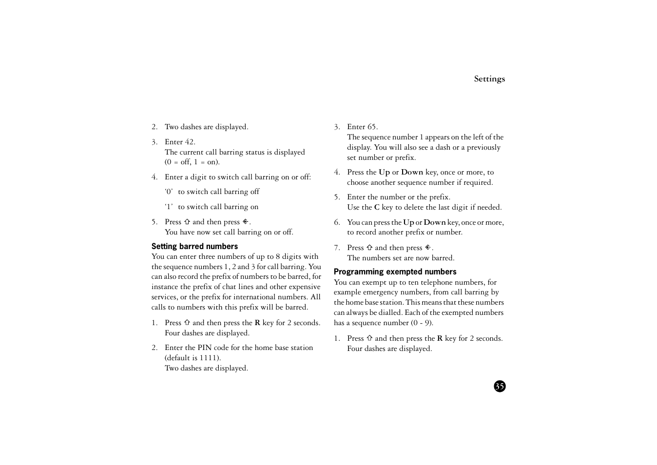 Setting barred numbers, Programming exempted numbers | Ericsson BS120 User Manual | Page 35 / 66