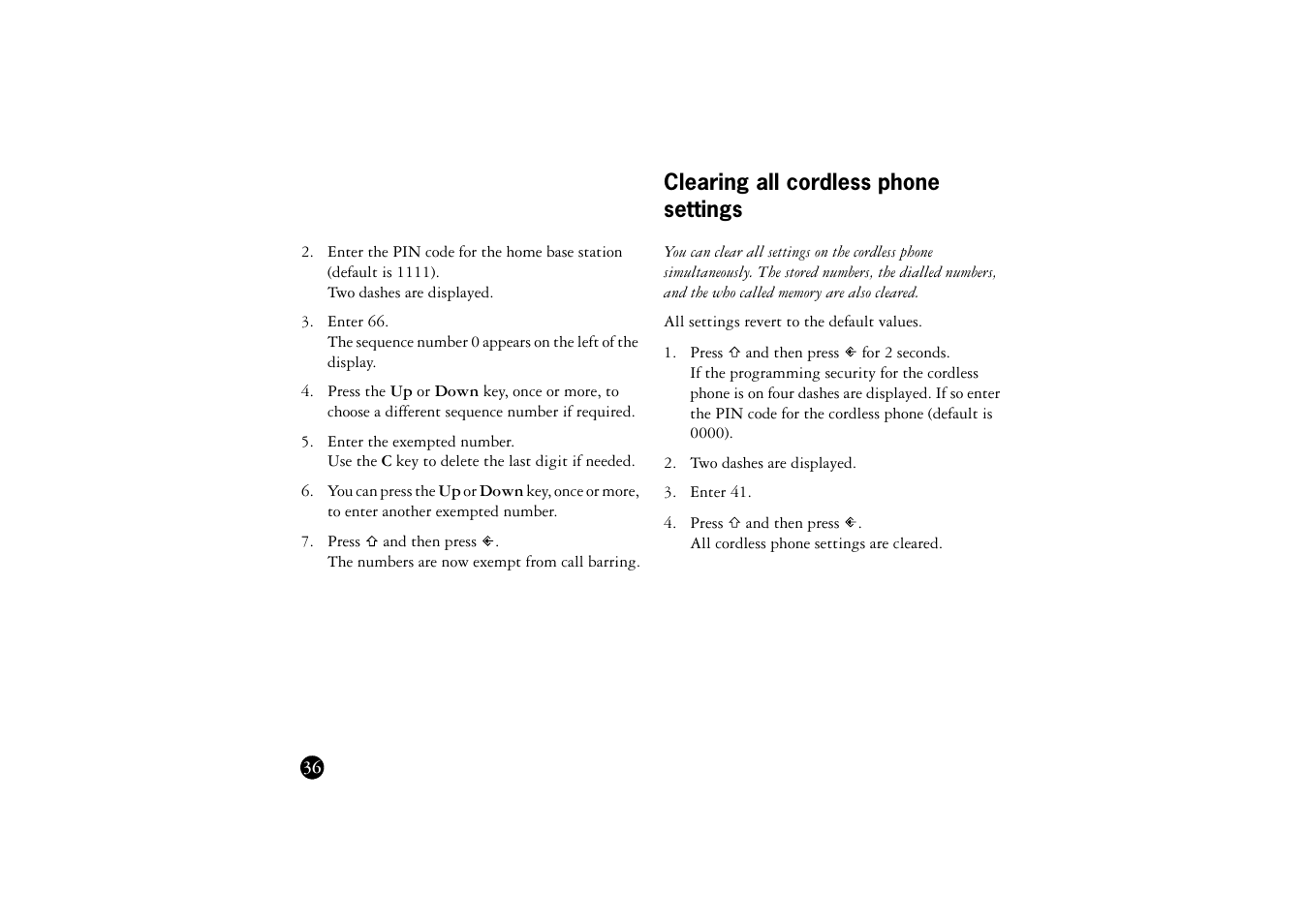 Clearing all cordless phone settings | Ericsson BS120 User Manual | Page 36 / 66