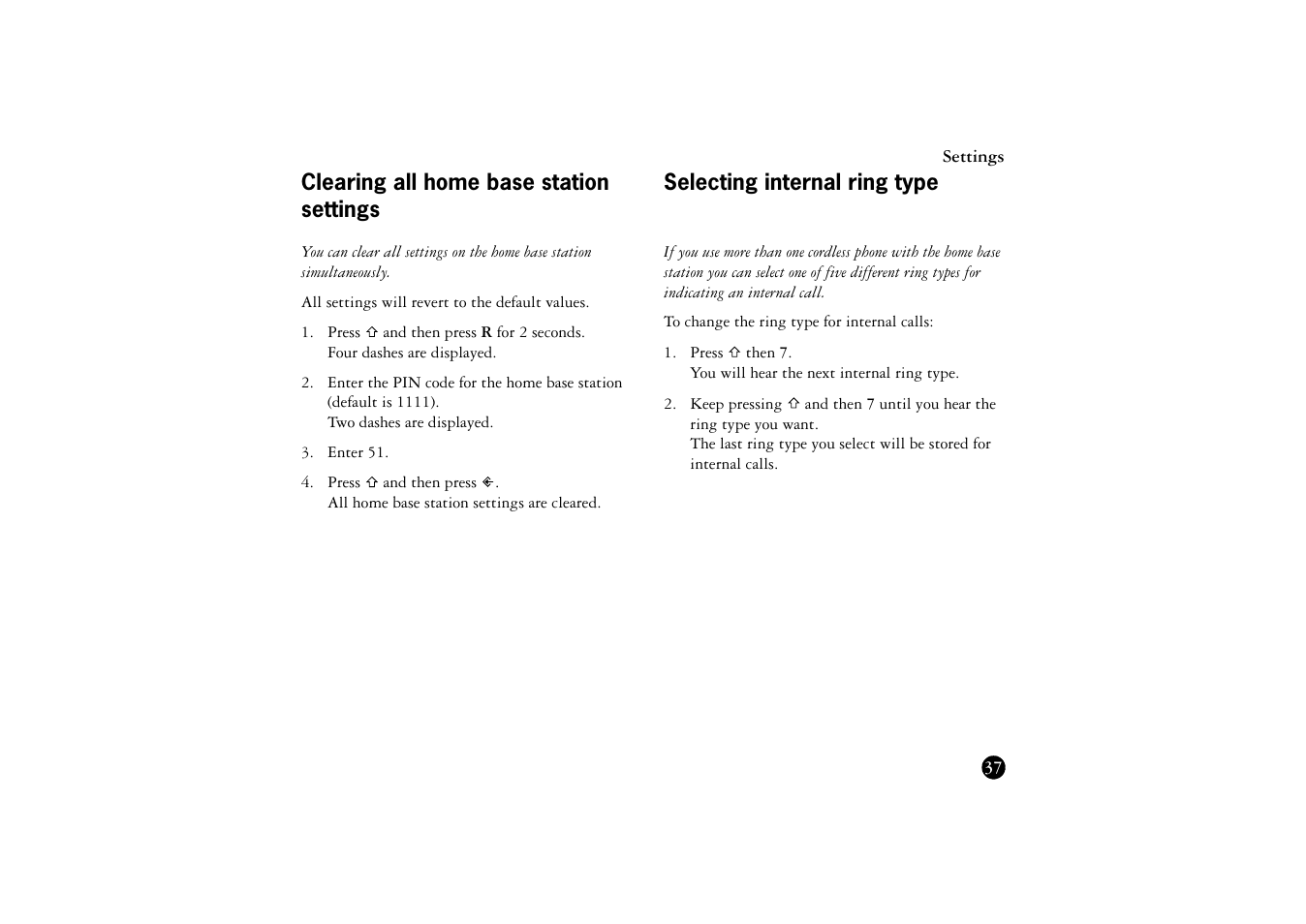 Clearing all home base station settings, Selecting internal ring type | Ericsson BS120 User Manual | Page 37 / 66