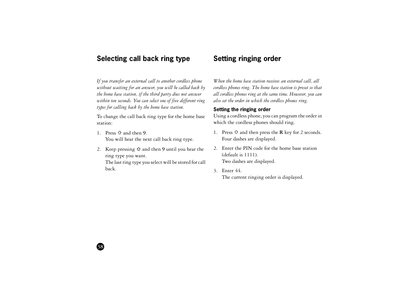 Selecting call back ring type, Setting ringing order, Setting the ringing order | Ericsson BS120 User Manual | Page 38 / 66