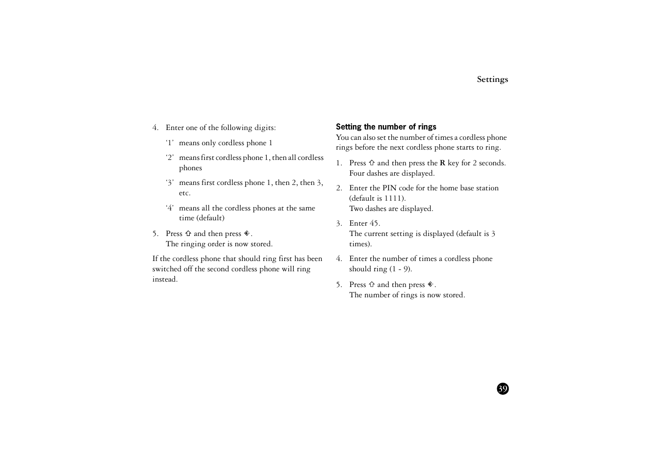 Setting the number of rings | Ericsson BS120 User Manual | Page 39 / 66