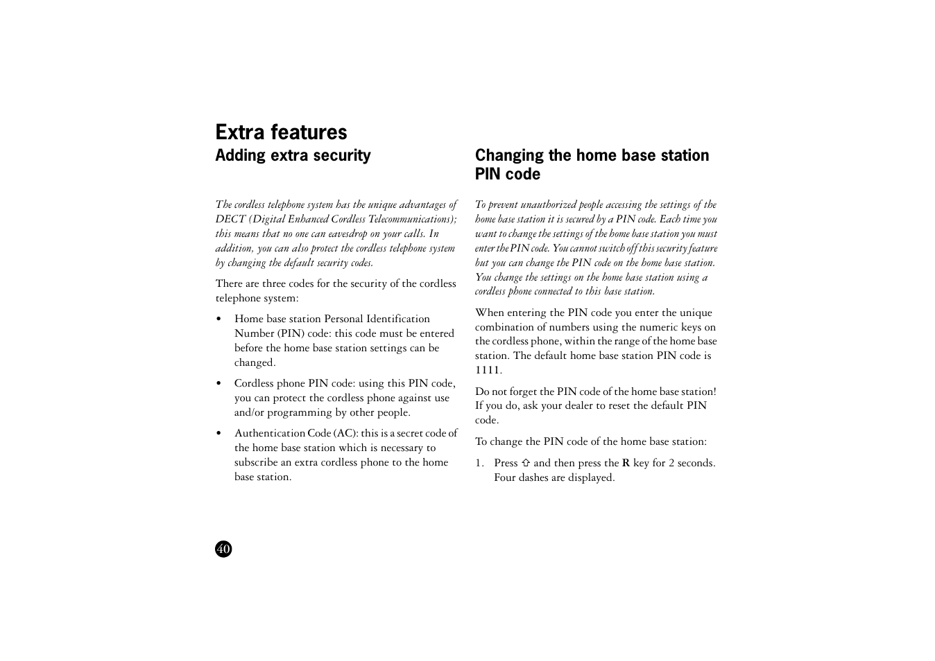 Extra features, Adding extra security, Changing the home base station pin code | Ericsson BS120 User Manual | Page 40 / 66