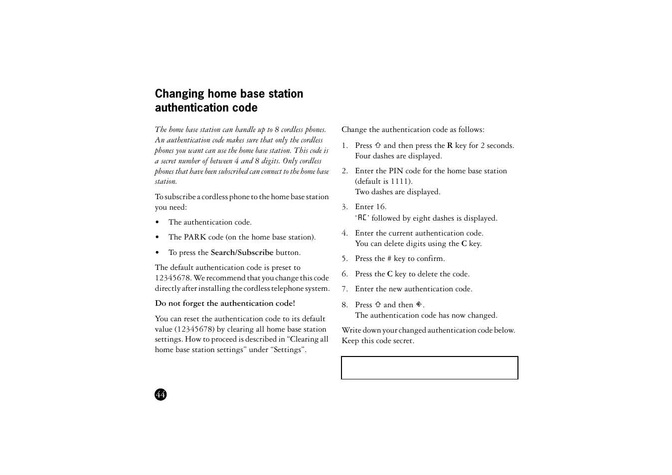 Changing home base station authentication code, Changing home base station, Authentication code | Ericsson BS120 User Manual | Page 44 / 66