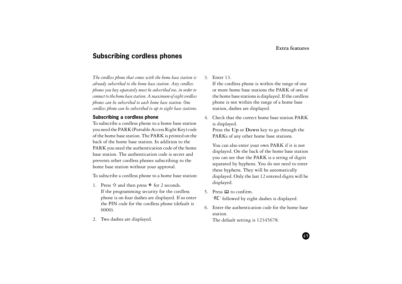 Subscribing cordless phones, Subscribing a cordless phone | Ericsson BS120 User Manual | Page 45 / 66