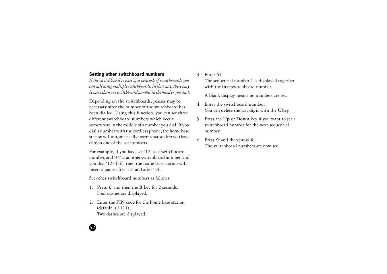 Setting other switchboard numbers | Ericsson BS120 User Manual | Page 52 / 66