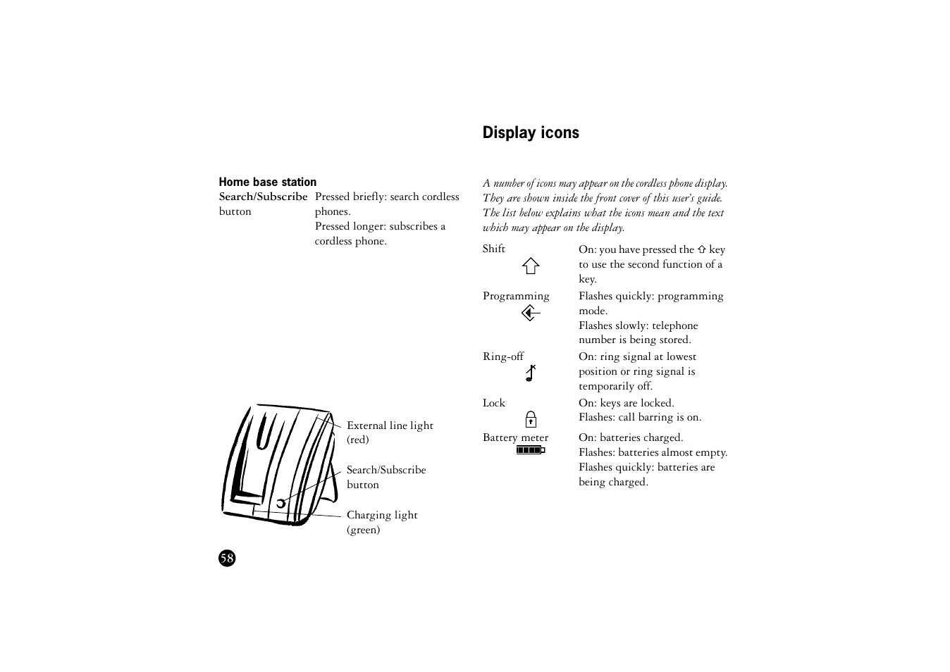 Home base station, Display icons | Ericsson BS120 User Manual | Page 58 / 66