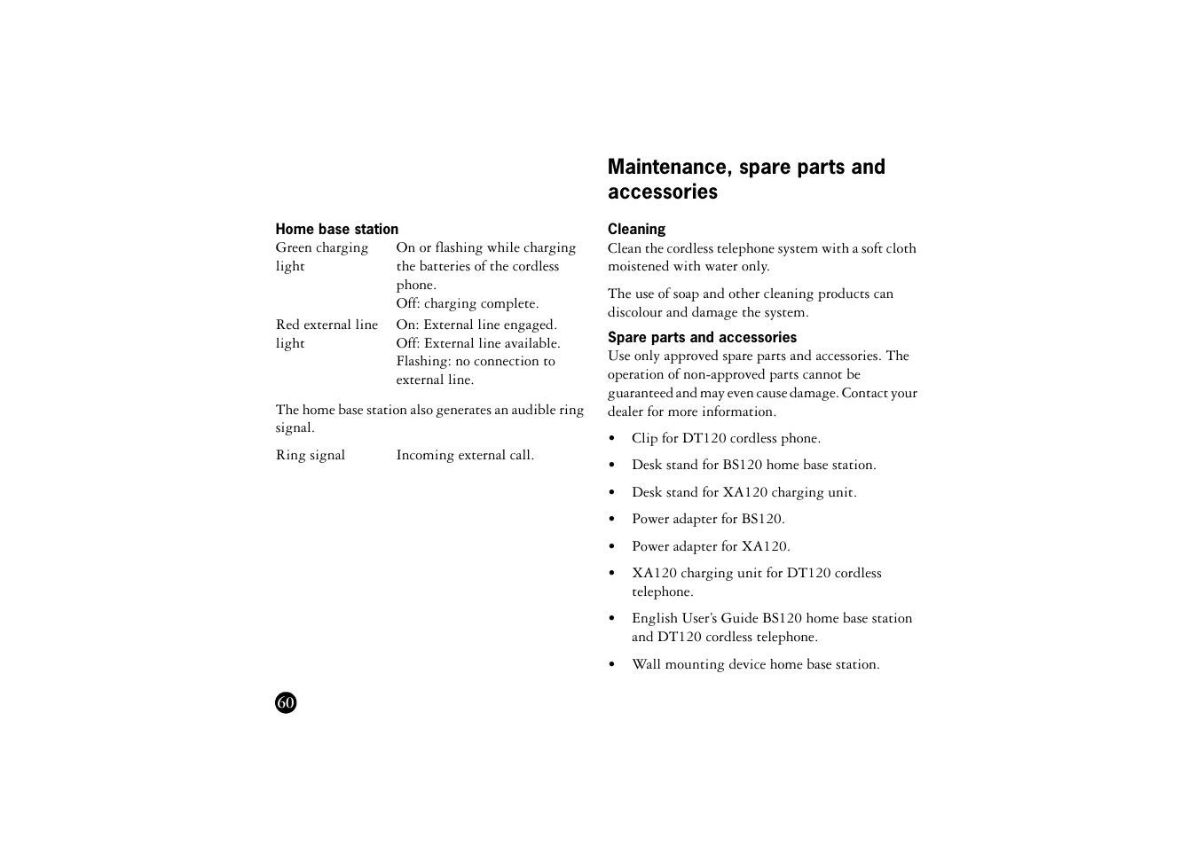 Home base station, Maintenance, spare parts and accessories, Cleaning | Spare parts and accessories | Ericsson BS120 User Manual | Page 60 / 66