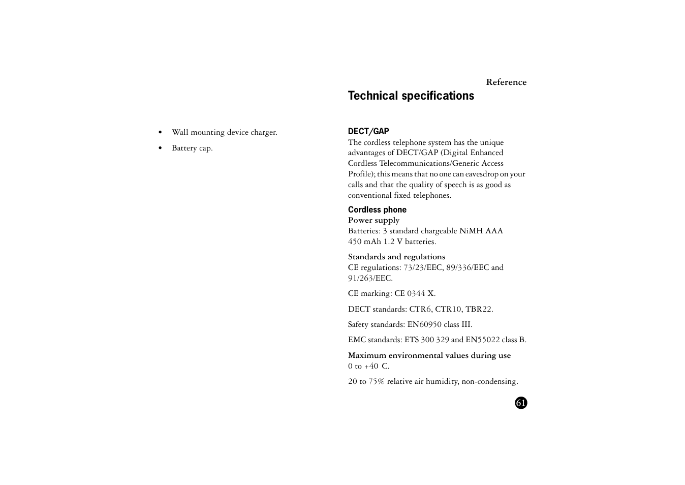 Technical specifications, Dect/gap, Cordless phone | Ericsson BS120 User Manual | Page 61 / 66