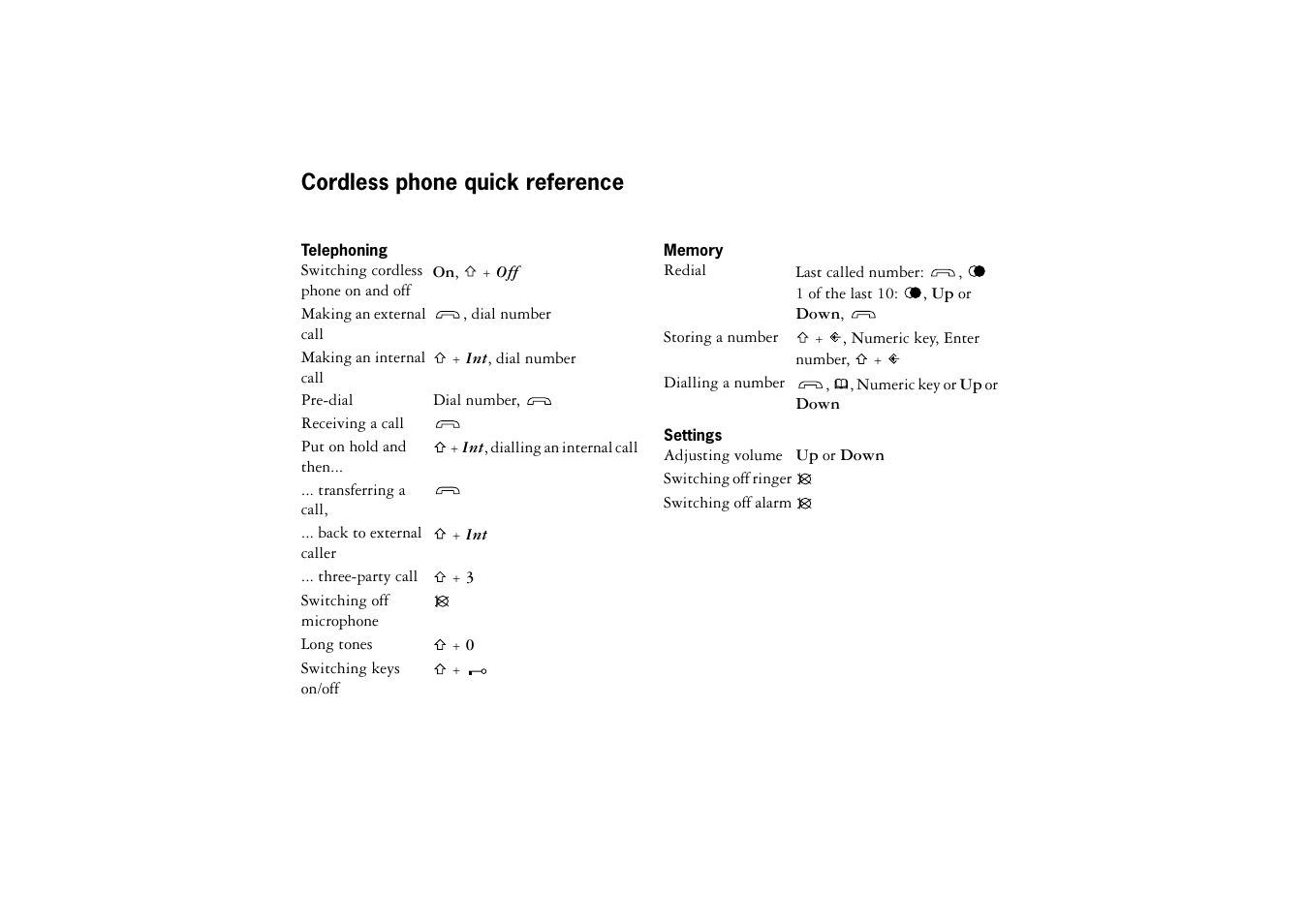 Cordless phone quick reference, Telephoning, Memory | Settings | Ericsson BS120 User Manual | Page 65 / 66