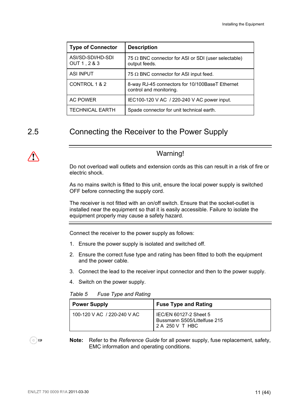 5 connecting the receiver to the power supply, Connecting the receiver to the power supply, Table 5 | Fuse type and rating, Warning | Ericsson Advanced Modular Receiver RX8200 User Manual | Page 11 / 44