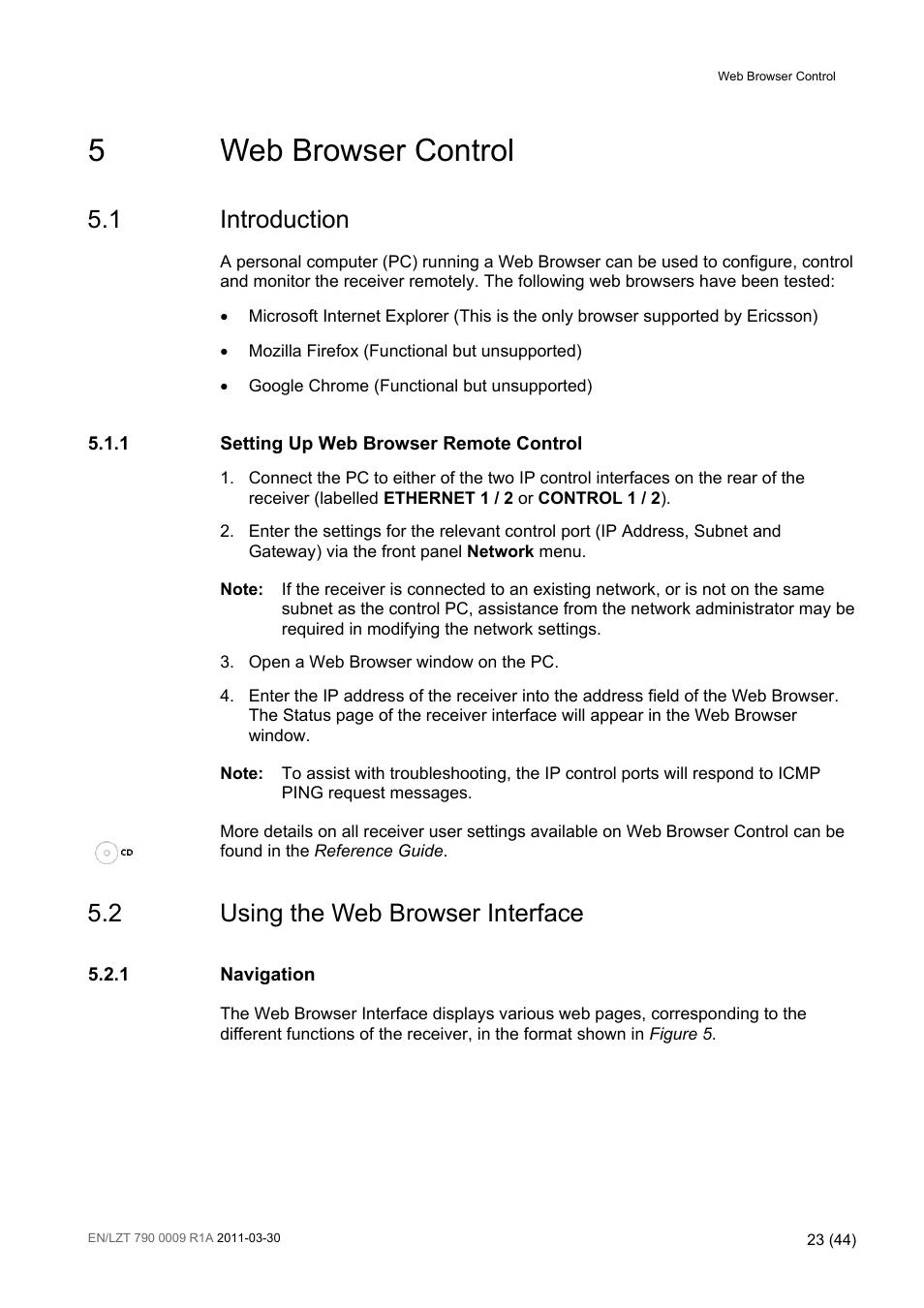 5 web browser control, 1 introduction, 2 using the web browser interface | Web browser control, Introduction, Using the web browser interface, 5web browser control | Ericsson Advanced Modular Receiver RX8200 User Manual | Page 23 / 44