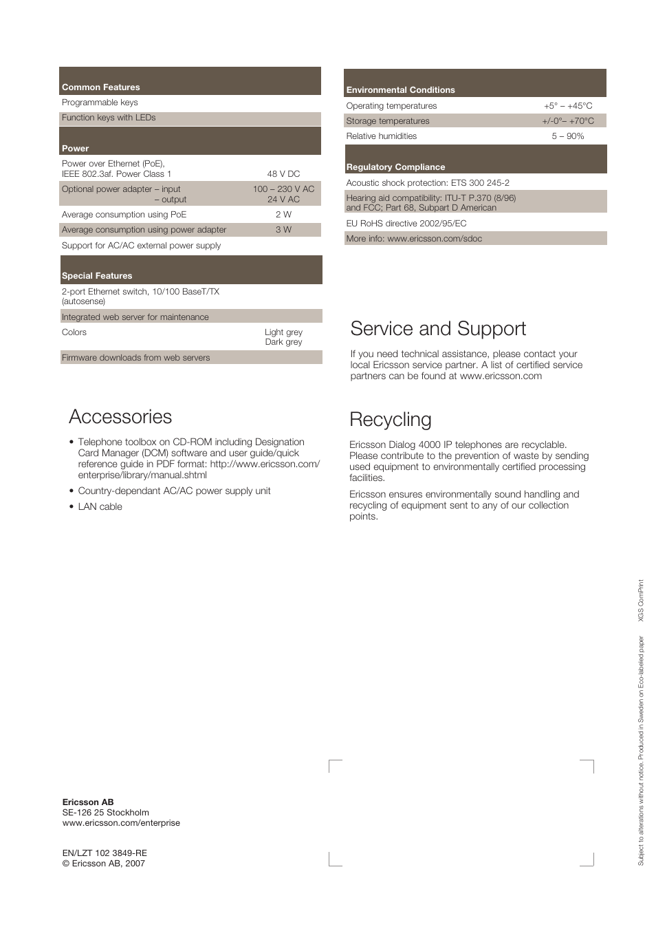 Accessories, Service and support, Recycling | Ericsson DIALOG 4000 User Manual | Page 4 / 4