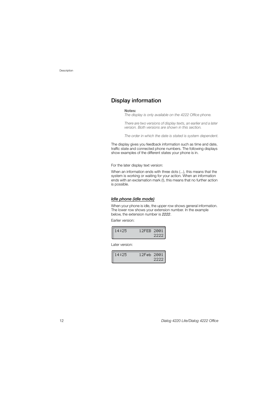 Display information, Section | Ericsson DIALOG 4220 User Manual | Page 12 / 102