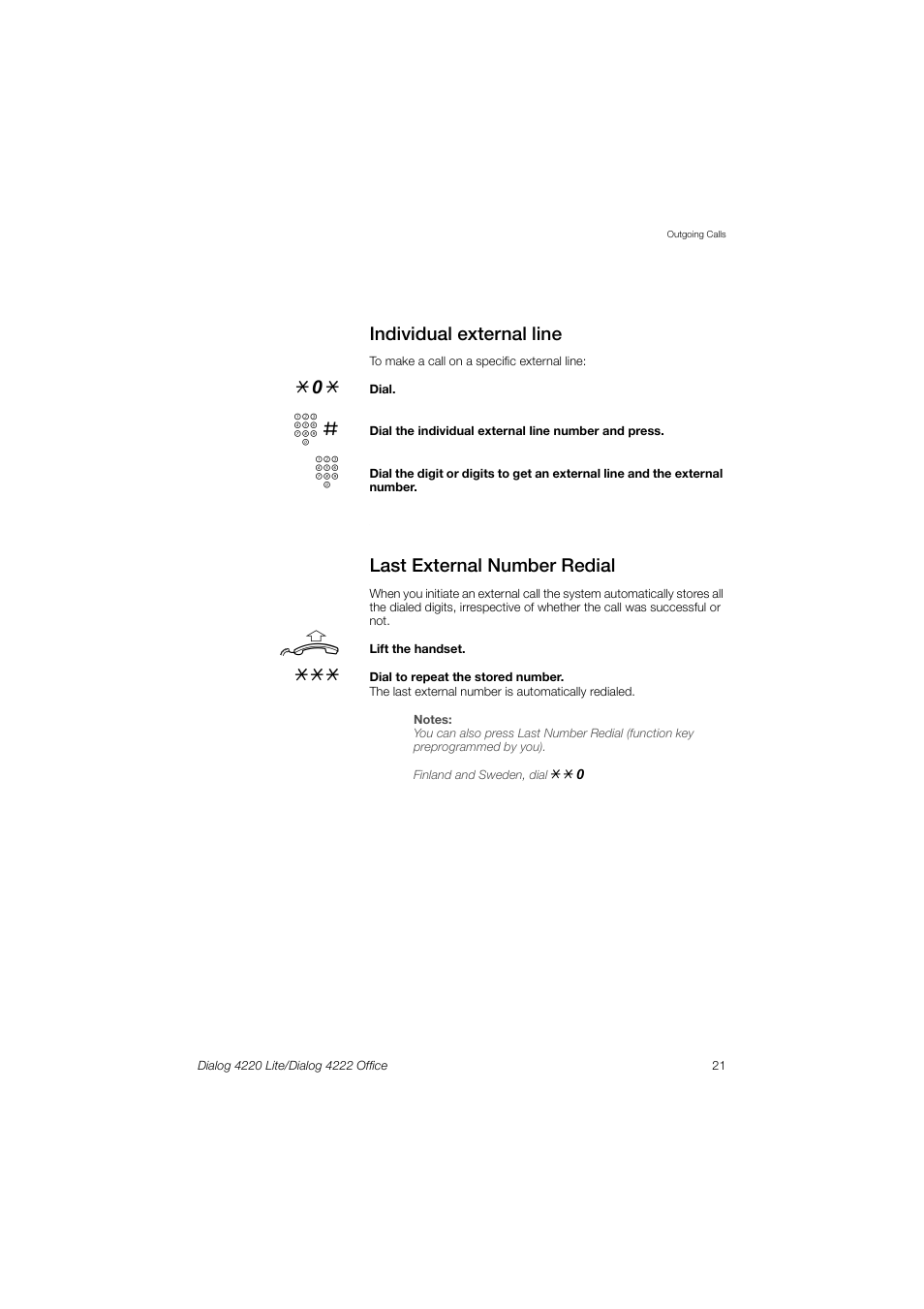 Individual external line, Last external number redial | Ericsson DIALOG 4220 User Manual | Page 21 / 102