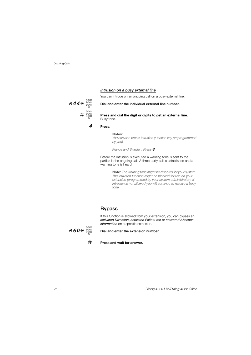 Bypass, 44* z, 60* z | Ericsson DIALOG 4220 User Manual | Page 26 / 102