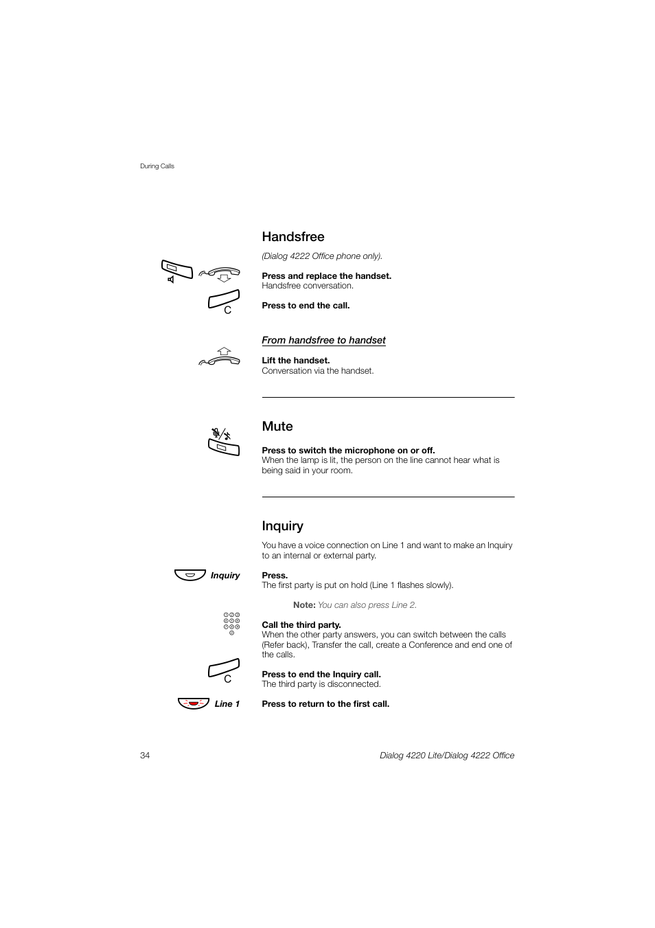 Handsfree, Mute, Inquiry | Ericsson DIALOG 4220 User Manual | Page 34 / 102