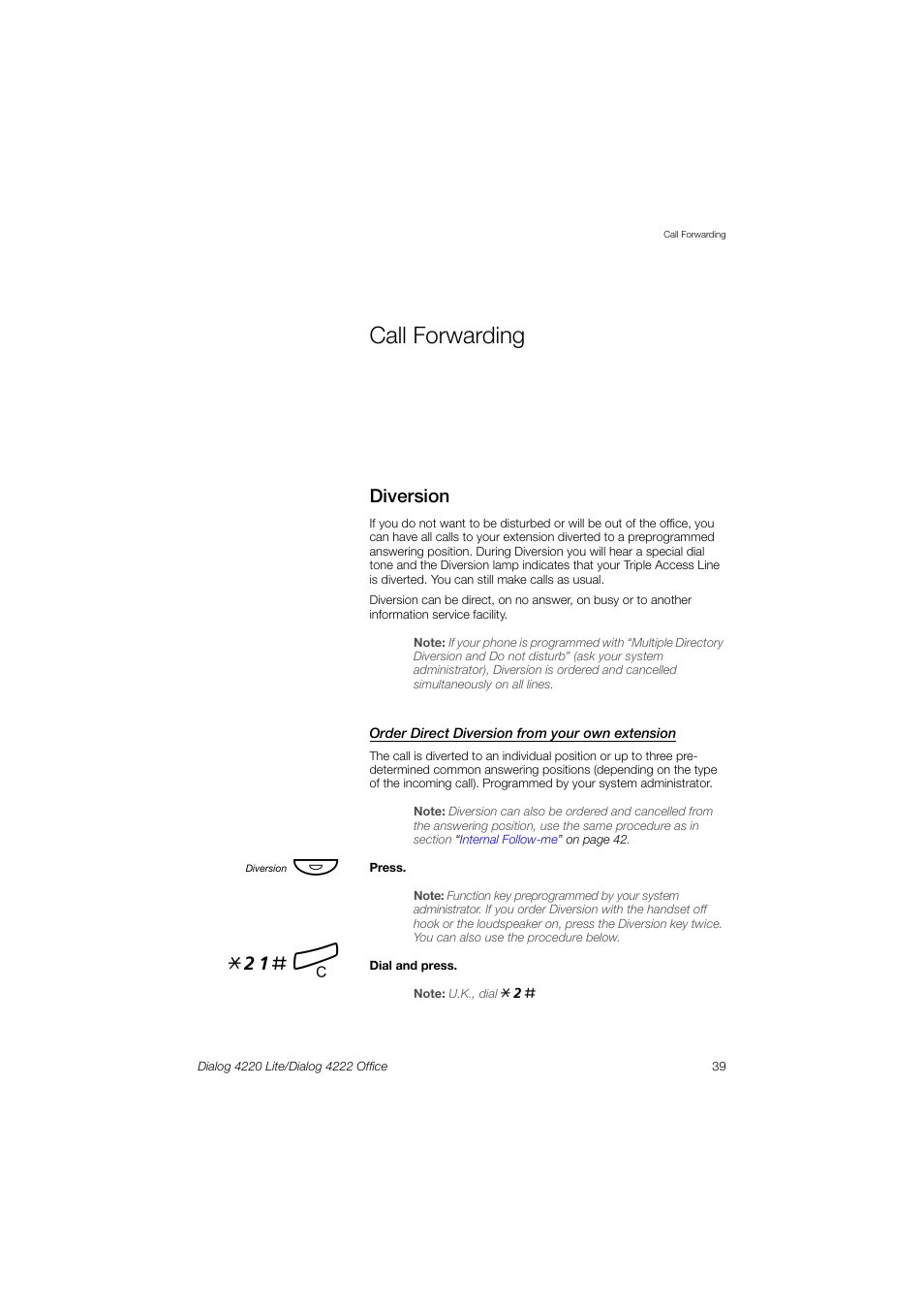 Call forwarding, Diversion, 21# í | Ericsson DIALOG 4220 User Manual | Page 39 / 102