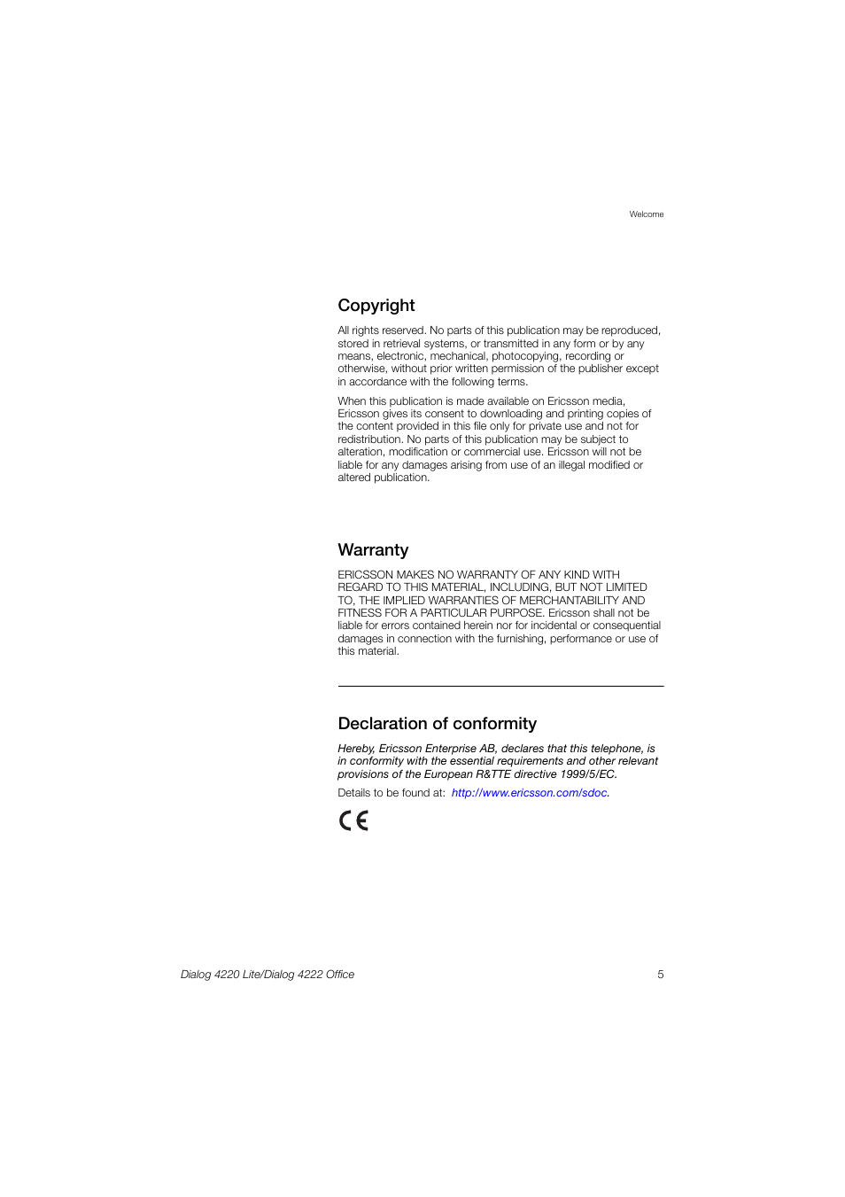 Copyright, Warranty, Declaration of conformity | Ericsson DIALOG 4220 User Manual | Page 5 / 102