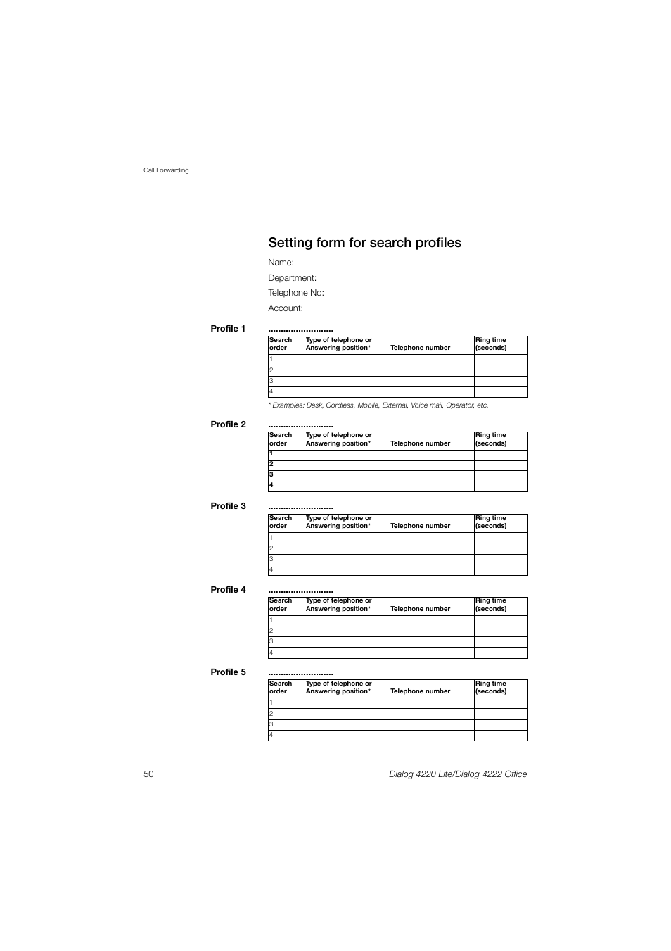 Setting form for search profiles | Ericsson DIALOG 4220 User Manual | Page 50 / 102