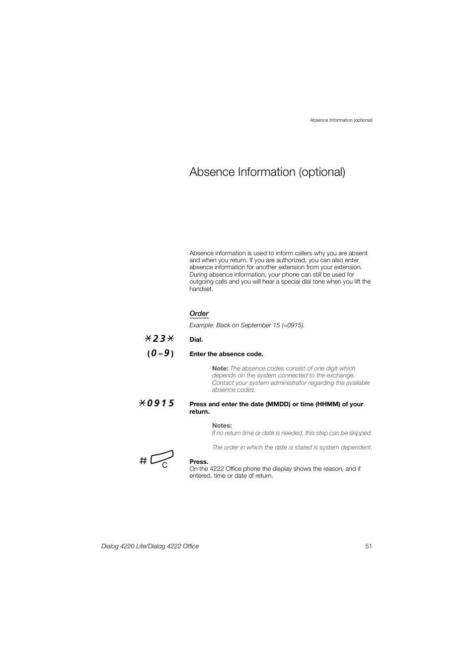 Absence information (optional) | Ericsson DIALOG 4220 User Manual | Page 51 / 102