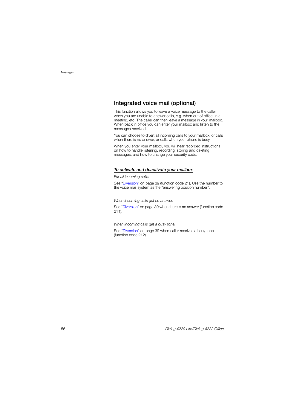 Integrated voice mail (optional) | Ericsson DIALOG 4220 User Manual | Page 56 / 102