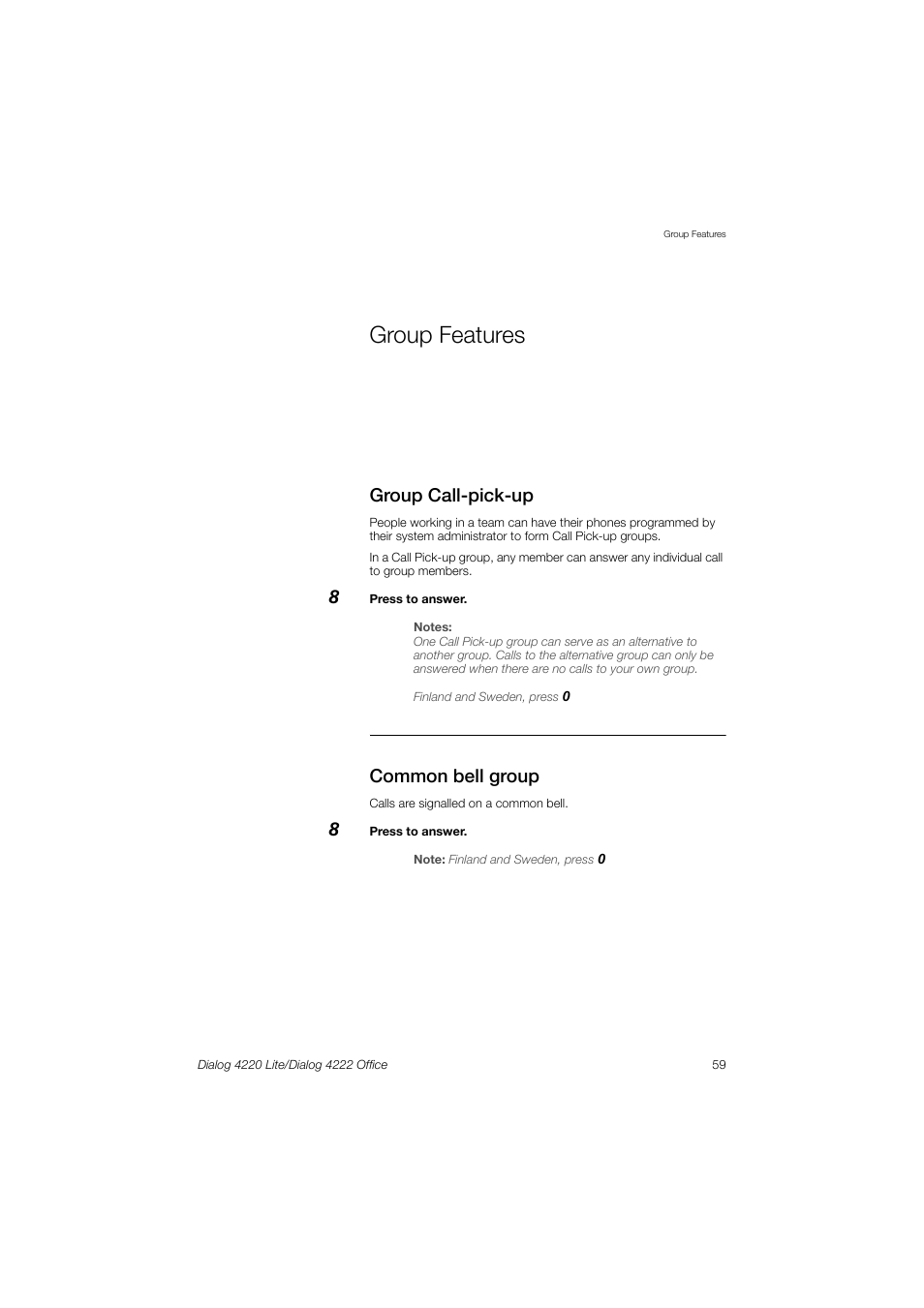 Group features, Group call-pick-up, Common bell group | Ericsson DIALOG 4220 User Manual | Page 59 / 102