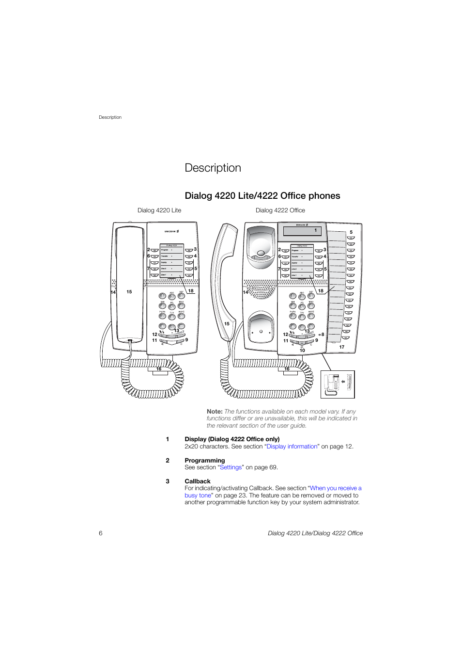 Description, Dialog 4220 lite/4222 office phones | Ericsson DIALOG 4220 User Manual | Page 6 / 102