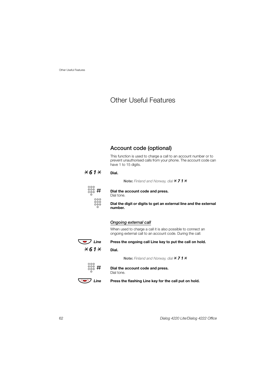 Other useful features, Account code (optional) | Ericsson DIALOG 4220 User Manual | Page 62 / 102