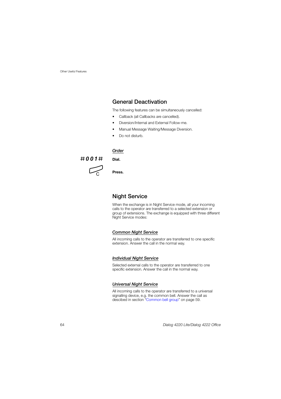 General deactivation, Night service | Ericsson DIALOG 4220 User Manual | Page 64 / 102