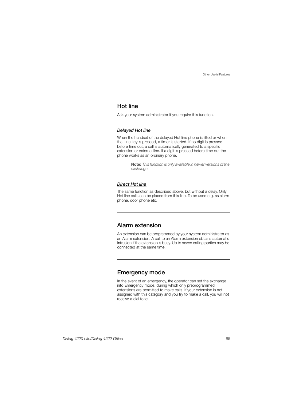 Hot line, Alarm extension, Emergency mode | Ericsson DIALOG 4220 User Manual | Page 65 / 102