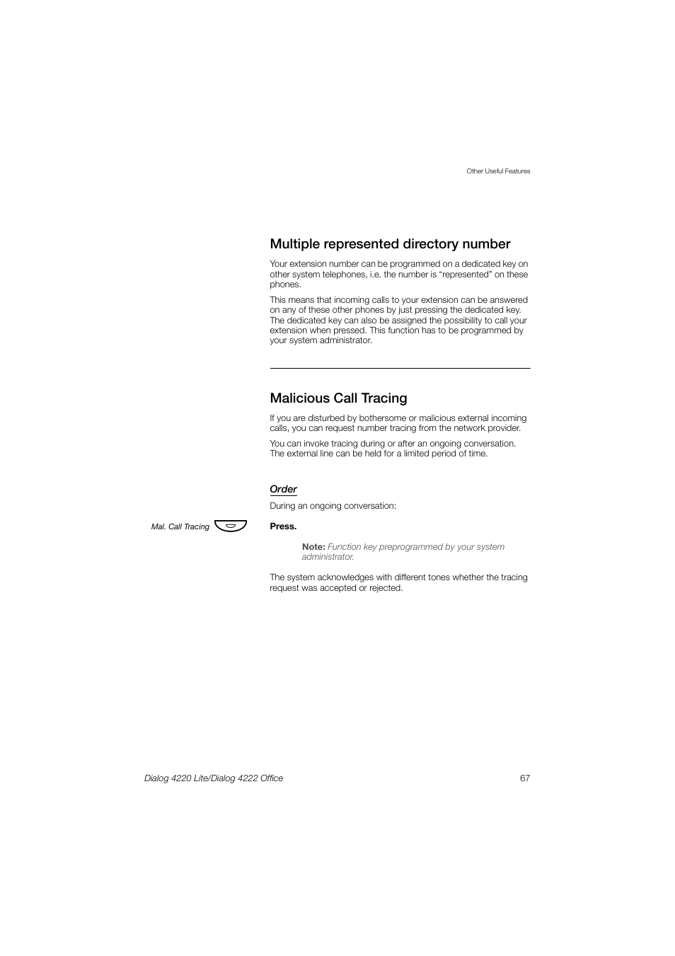Multiple represented directory number, Malicious call tracing | Ericsson DIALOG 4220 User Manual | Page 67 / 102