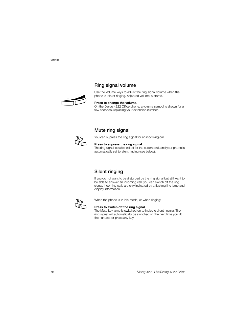Ring signal volume, Mute ring signal, Silent ringing | Ions | Ericsson DIALOG 4220 User Manual | Page 76 / 102