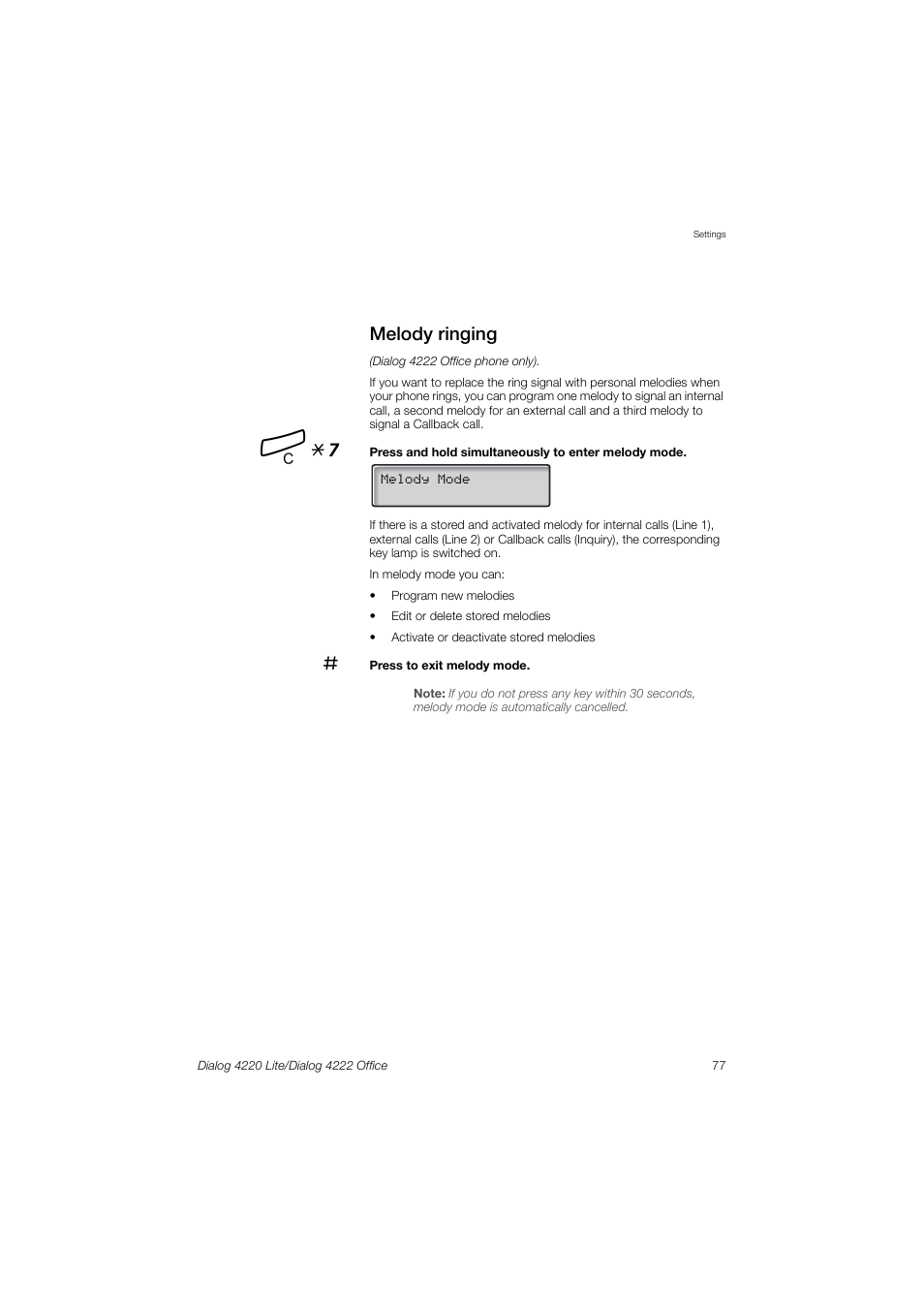 Melody ringing, Ction, Í *7 | Ericsson DIALOG 4220 User Manual | Page 77 / 102