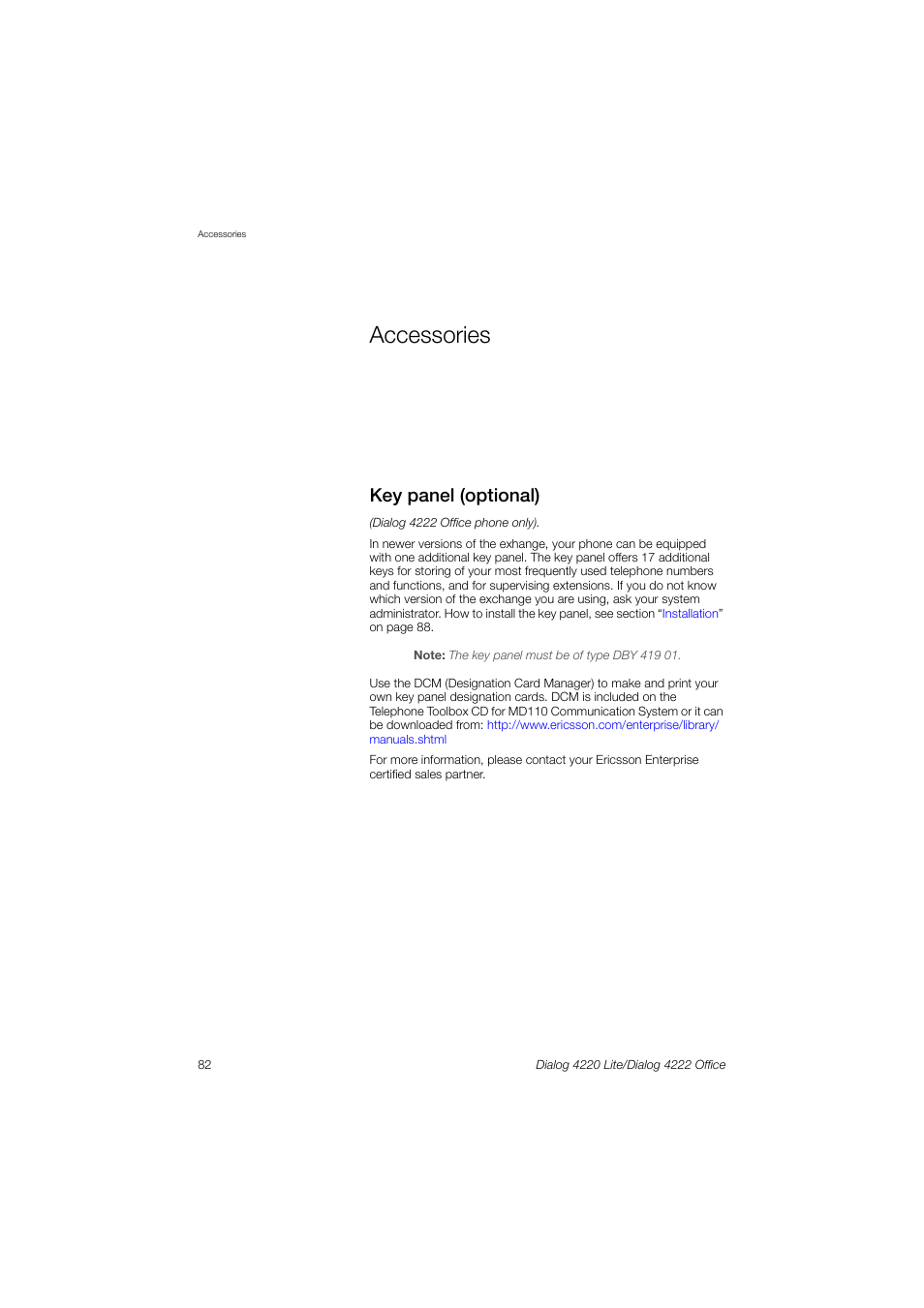 Accessories, Key panel (optional) | Ericsson DIALOG 4220 User Manual | Page 82 / 102