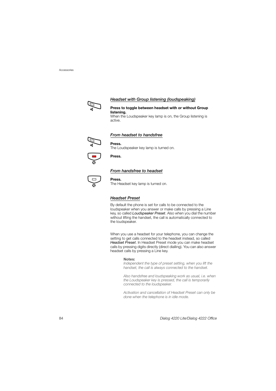 Headset preset, Ction | Ericsson DIALOG 4220 User Manual | Page 84 / 102