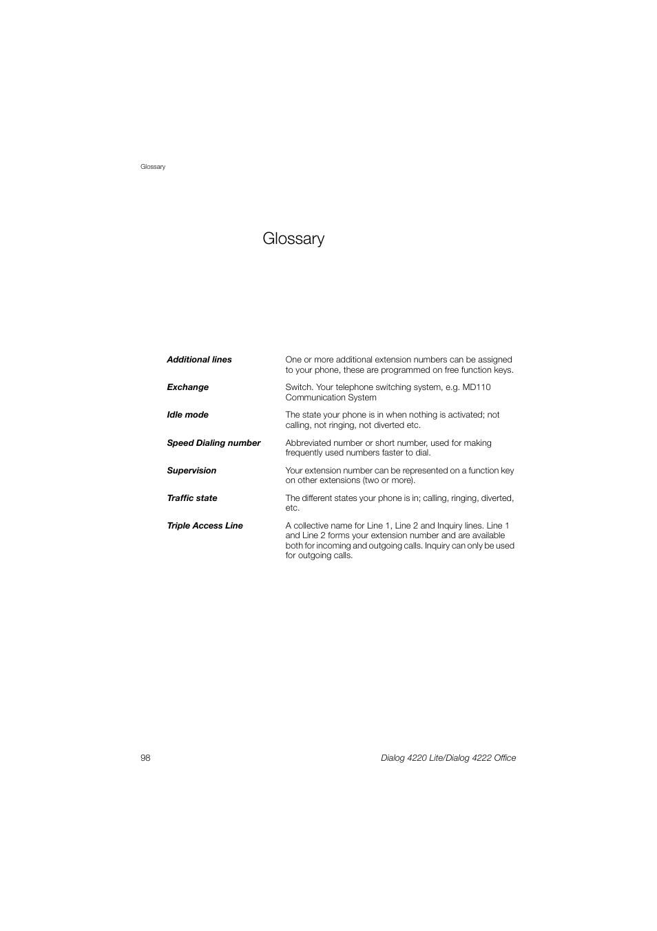 Glossary | Ericsson DIALOG 4220 User Manual | Page 98 / 102