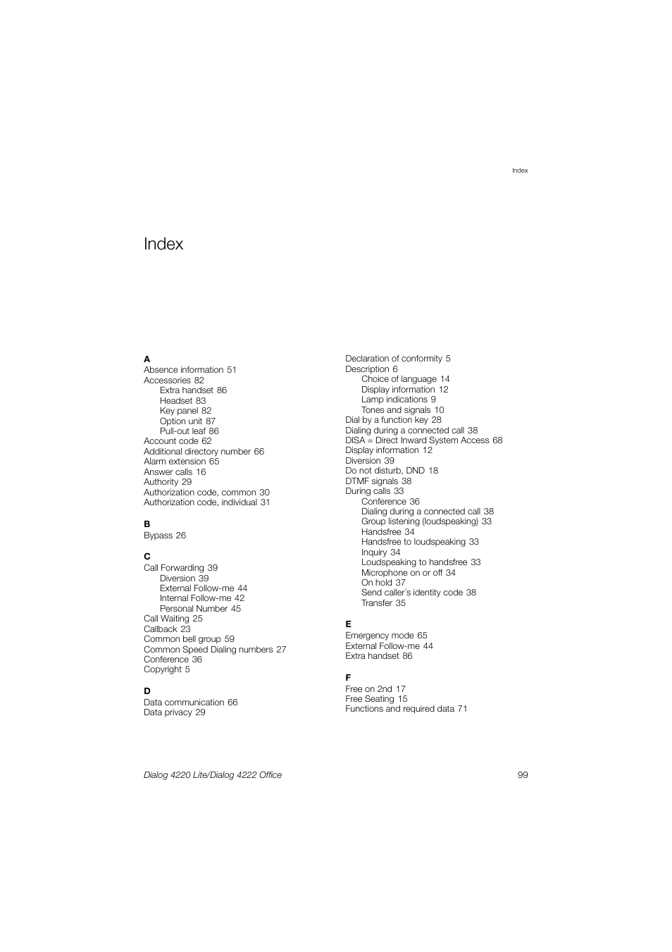 Index | Ericsson DIALOG 4220 User Manual | Page 99 / 102