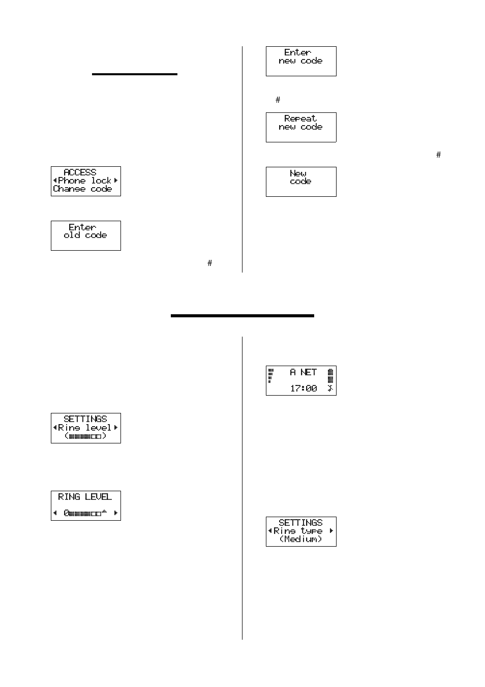 Phone lock change code, The settings menu, To set the tone of the ringing signal - ring type | Ericsson GH388/GF388 User Manual | Page 26 / 51